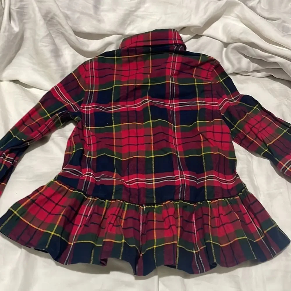 Ralph Lauren 6x red black plaid hi low ruffled hemline button down blouse nwot
